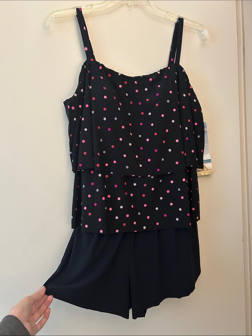 Black Polka Dot One-Piece Swimsuit with Pink Accents